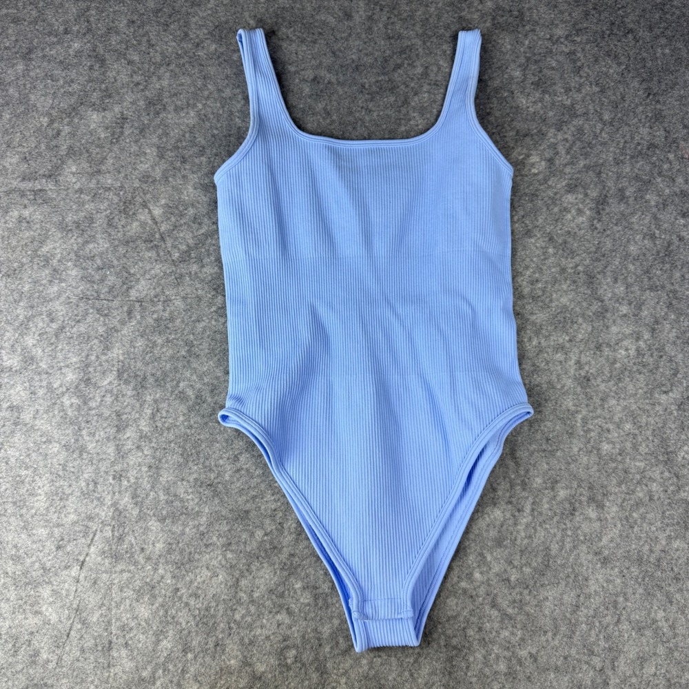 OQQ Women Light Blue Ribbed Square Neck Sleeveless Body suit Size M NWOT